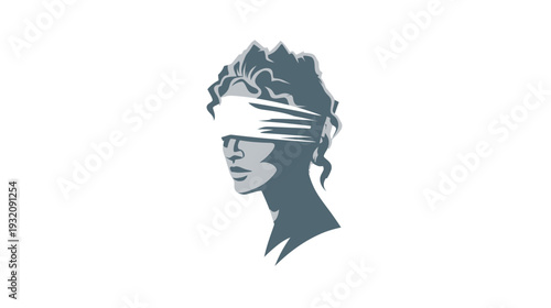 A side profile of a woman's face with a blindfold, curly hair, in shades of gray