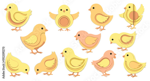 Collection of cute yellow ducklings in various poses and expressions