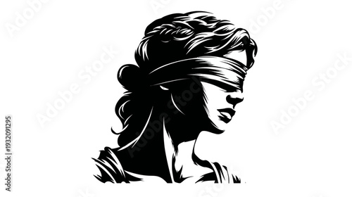 Artistic illustration, blindfolded female figure with flowing hair, black and white silhouette