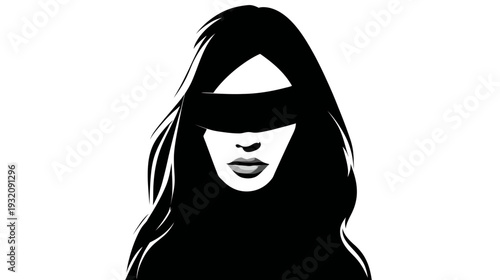 Simplified illustration of a person's upper body with flowing hair and a blindfold covering their eyes
