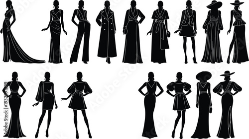 Fashion silhouettes, stylish models, diverse outfits, elegant poses, modern apparel, runway inspiration, coat and gown designs, illustration, black and white style