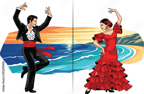 Flamenco dancers, Spanish dance, sunset beach, traditional costume, cultural performance, ocean waves, dramatic pose, red dress, passion, rhythm, festival celebration, heritage, art, music, movement,