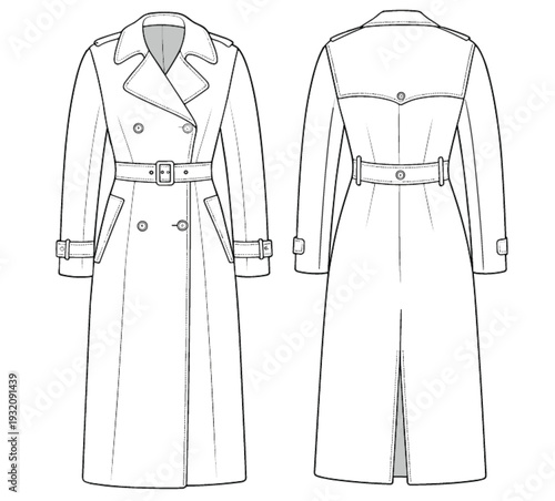 Flat vector CAD illustration of trench coat template with wide lapels, double-breasted front, belted waist, buckled cuffs, back vent