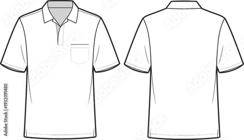 Flat vector CAD sketch of men’s short sleeve polo shirt with collar, front pocket, placket detail, and back view