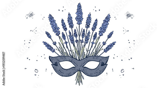 Illustration of a lavender bouquet emerging from a masquerade mask, with star-like designs