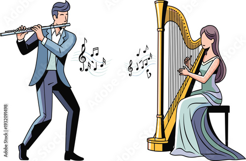 Flute player, harpist, classical duet, musical performance, elegant dress, live concert, harmony, stage music, instrumental art, cultural event, collaboration