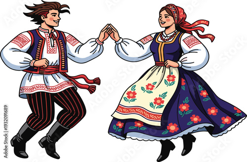 Folk dance, traditional costume, Eastern European culture, embroidered clothing, cultural heritage, festival performance, joyful movement, ethnic attire, celebration, couple dancing