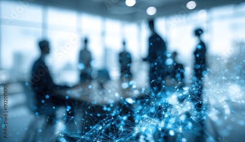 Blurred Business Meeting with Digital Network Overlay.