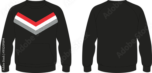 Front and back view of black sweatshirt with red white gray chevron design, casual wear, cad drawing flat vector illustration