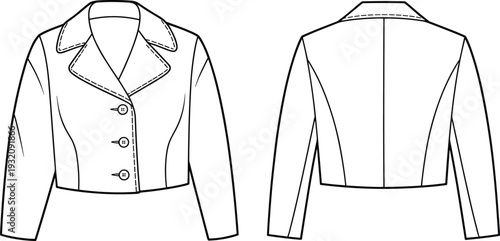 Front and back view of cropped jacket with lapel collar and buttons, stylish fashion design, cad drawing flat vector illustration