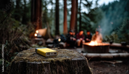 Yellow power bank rests on a tree stump near a campfire in a forest at dusk.