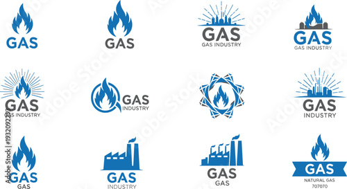 Gas industry logo collection, natural energy symbol, flame vector design, fuel company branding, industrial power emblem, blue abstract graphic illustration
