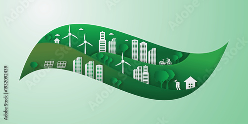 Green city and renewable energy concept illustration featuring sustainable urban landscape with wind turbines, solar panels, eco buildings, trees, and clean transportation in modern paper cut style.