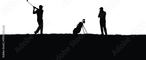 Golf players silhouette on course, golfer swinging club, man watching shot, golf bag on field, outdoor sport vector art