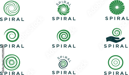 Green spiral logo collection, abstract swirl emblem design, circular vortex pattern, creative helix symbol, round spiral shape vector illustration