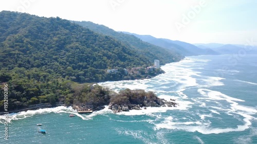 Right Pan Drone Shot Showing South Coast of Mismaloya, Mexico
