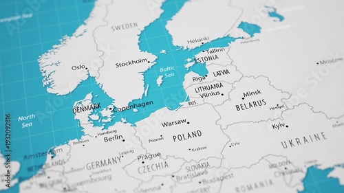 Smooth camera flyover across Northern and Eastern Europe on a detailed political world map, focusing on the Baltic Sea region. Sweden, Finland, Denmark, Estonia, Latvia, Lithuania and surrounding coun