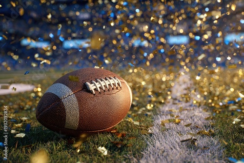 American Football on a Grassy Field with Golden Confetti Falling.