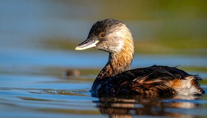 A duck swims on a body of water