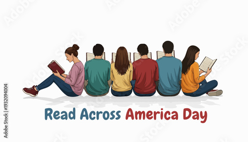 Illustration of diverse people reading books on Read Across America Day with a colorful design and icon-style characters.