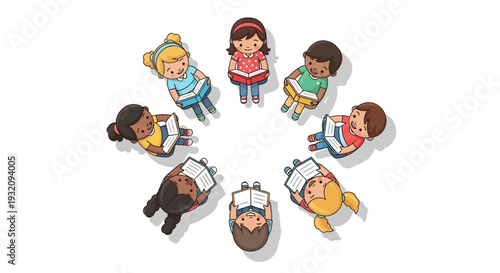 Illustration of diverse children and adults forming a circle for Read Across America Day with books, promoting reading and literacy in a colorful design.