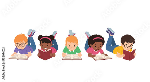 Illustration of diverse children lying on their stomachs reading books on Read Across America Day with a colorful design, conveying a joyful and educational event.