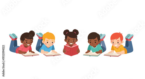 Illustration of diverse children lying down reading books on Read Across America Day in a colorful, iconic design for a global event.