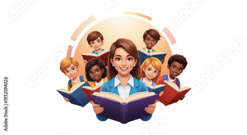 Illustration of a woman reading a book surrounded by diverse children on Read Across America Day with a colorful design and icon-style characters.