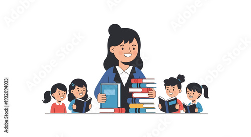 Illustration of a woman and children celebrating Read Across America Day with books and reading materials in a colorful design