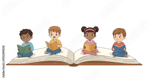 Illustration of diverse children sitting on an open book, reading, celebrating Read Across America Day with a colorful design on a white background.