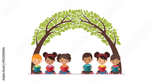 Illustration of diverse children sitting under a tree on Read Across America Day with a colorful design, promoting family and literacy event worldwide in a joyful icon style.