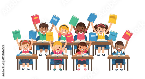 Illustration of diverse children in a classroom celebrating Read Across America Day with books, conveying a joyful and educational mood.