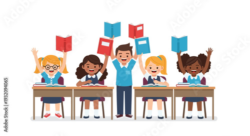 Illustration of a teacher and students celebrating Read Across America Day with books and a joyful atmosphere in a classroom setting.