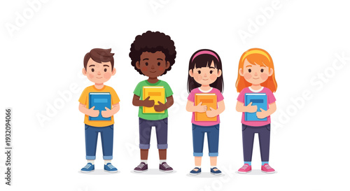 Illustration of diverse children holding books on Read Across America Day with a colorful design, promoting family and literacy in a joyful event.