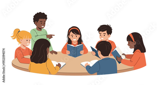 Illustration of diverse children and a teacher reading books together on Read Across America Day in a circular arrangement with a design icon style.