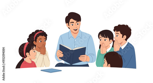 Illustration of a diverse family and children gathered around a man reading a book on Read Across America Day with a design icon style.