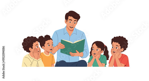 A diverse family and children illustration celebrating Read Across America Day with a man reading a book in a joyful and educational setting.