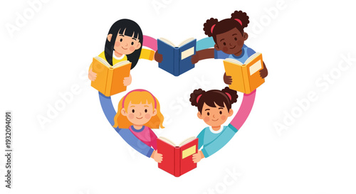 Vector illustration of diverse children forming a heart shape while reading books on Read Across America Day, promoting literacy and unity in a colorful design.