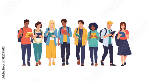 Illustration of diverse people of various ages and ethnicities holding books on Read Across America Day with a colorful design and icon-style characters.
