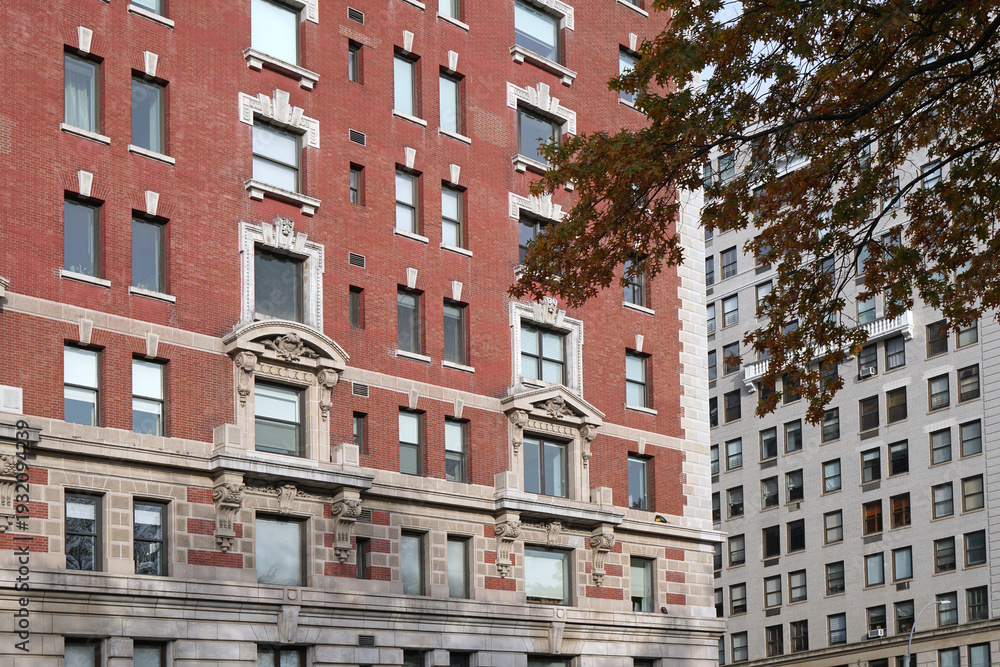 Fototapeta premium Manhattan red brick apartment building with stone trim, Central Park West