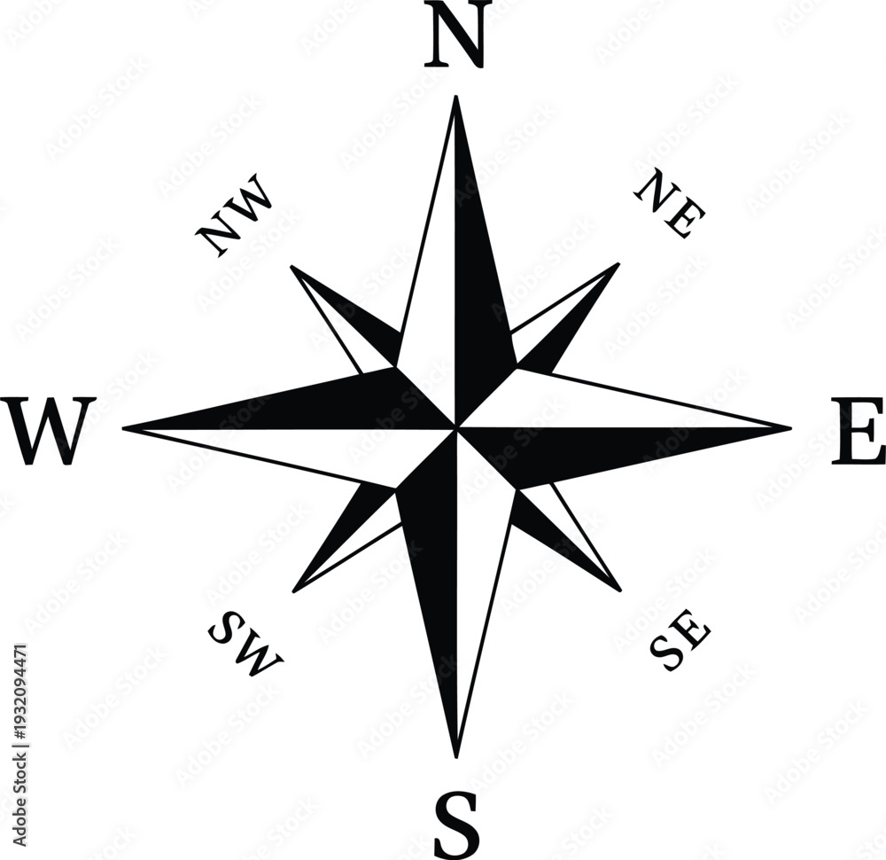 Fototapeta premium Black and White Compass Rose Icon with Cardinal and Intercardinal Directions for Navigation Design