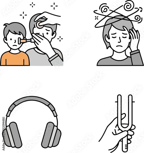 Hearing Test and Ear Health Concept Icons with Headphones, Tuning Fork, and Dizziness Symptoms