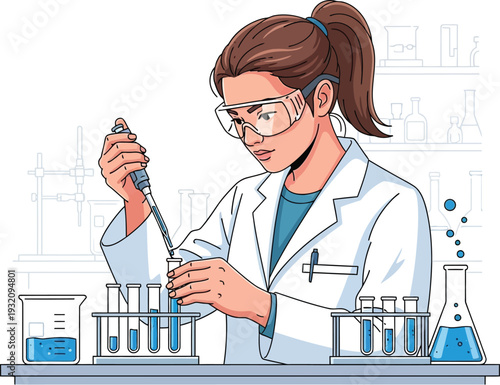 Scientist conducting an experiment in a laboratory setting with various equipment and chemicals