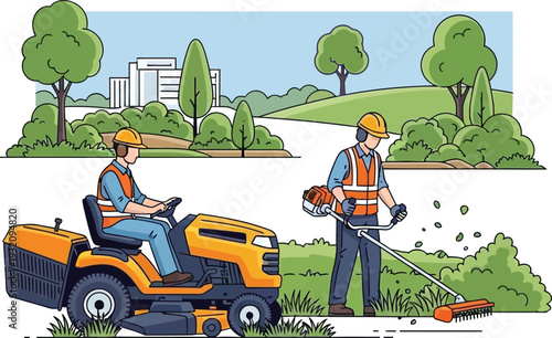 Two landscapers maintaining a lush green park with a lawn mower and trimmer in a serene outdoor setting.