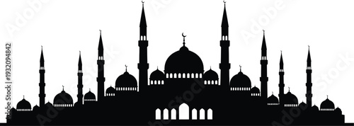 Mosque silhouette with minarets and domes