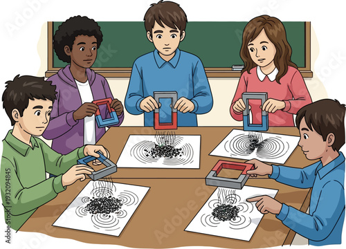 Students Conducting Magnetic Field Experiment in Classroom Setting with Educational Tools