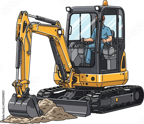 A man operates a yellow excavator digging into a pile of dirt outdoors.