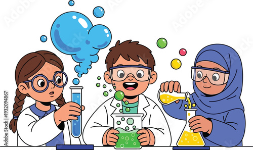 Three young cartoon scientists experimenting with colorful chemicals in a laboratory setting, wearing safety goggles and lab coats, illustration