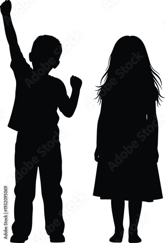 Children silhouette, playful kids, childhood joy, happy moment, expressive pose, black outline, standing together, white background, emotional gesture, innocence