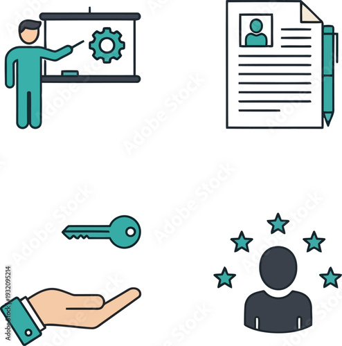 Business Training, Resume, Key Handover, and Employee Rating Vector Icons Set